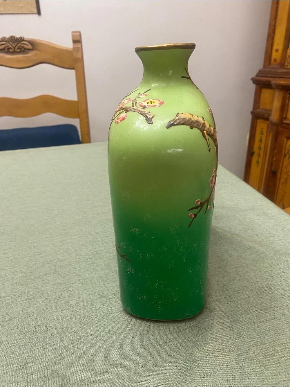 Green Ombre Floral Porcelain Hand-painted Vase with Cherry Blossom Branch Motif